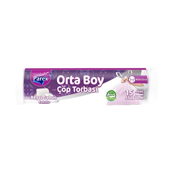 Parex Büzgülü Çöp Torbası  Orta Boy 15 li Beyaz Sabun